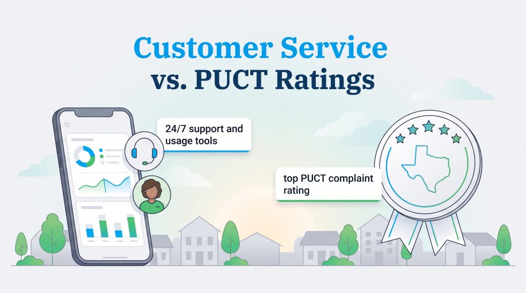 Graphic comparing 24/7 customer support tools with top PUCT complaint ratings in Texas