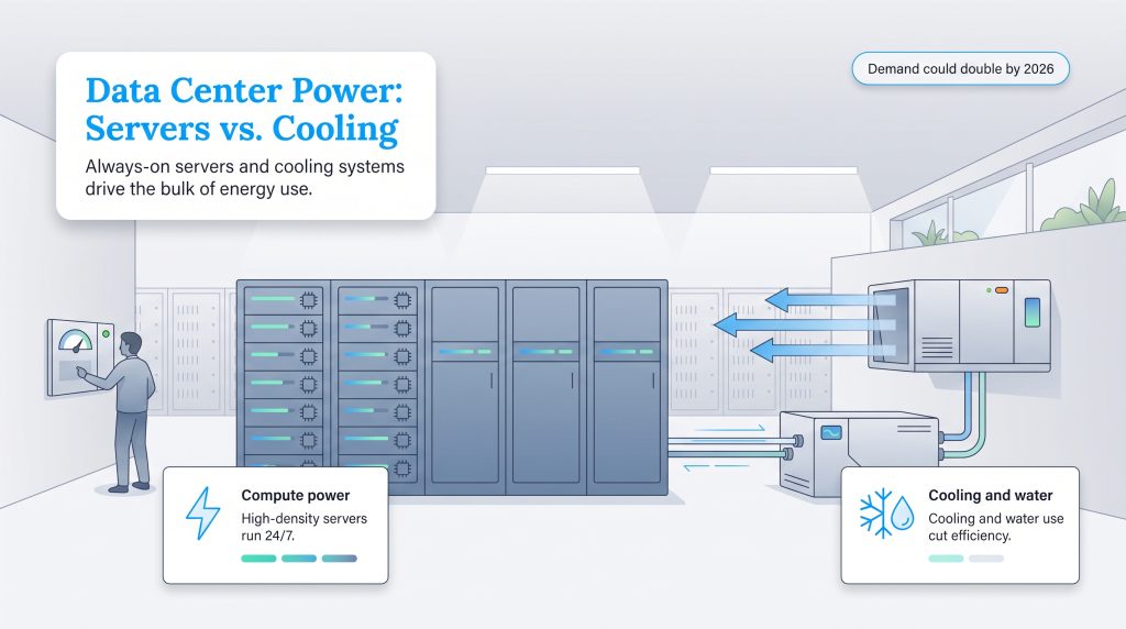 Diagram showing servers and cooling systems as primary data center power drivers