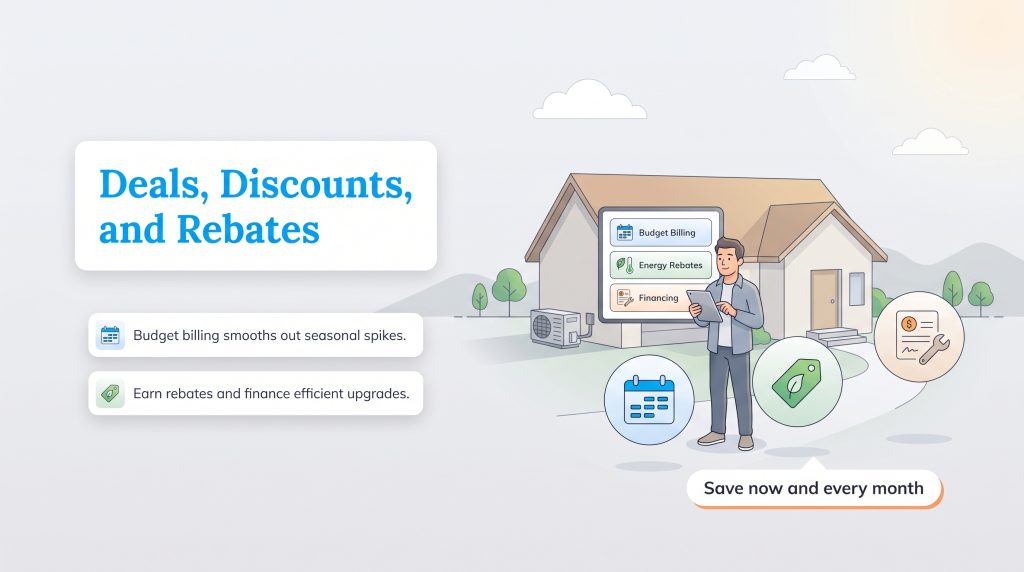Illustration showing ways to save on energy bills with budget billing, rebates, and financing.