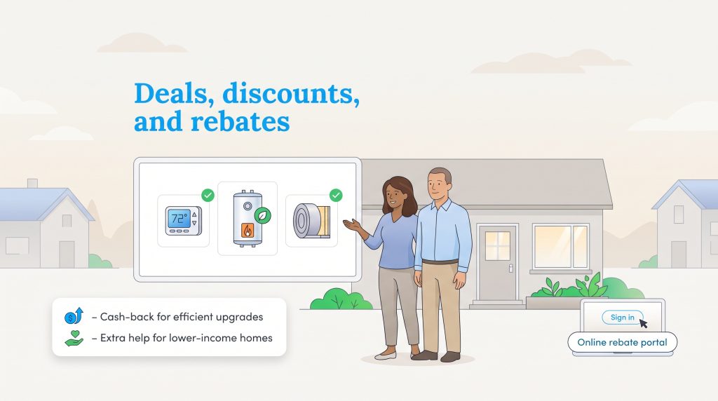 Illustration of a couple viewing home energy efficiency rebates and an online portal sign-in page