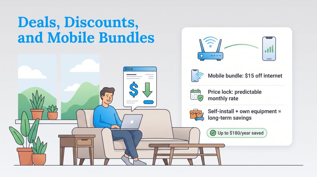 Illustration showing tips to save on internet bills with mobile bundles and price locks.