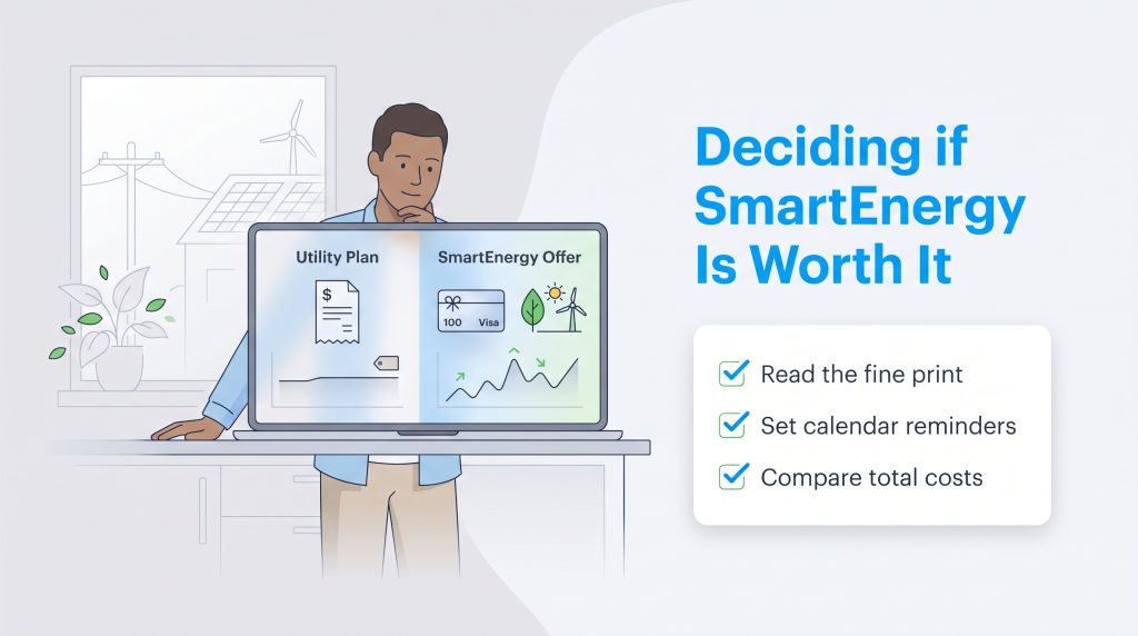 A man comparing a standard utility plan with a SmartEnergy offer on a laptop screen.