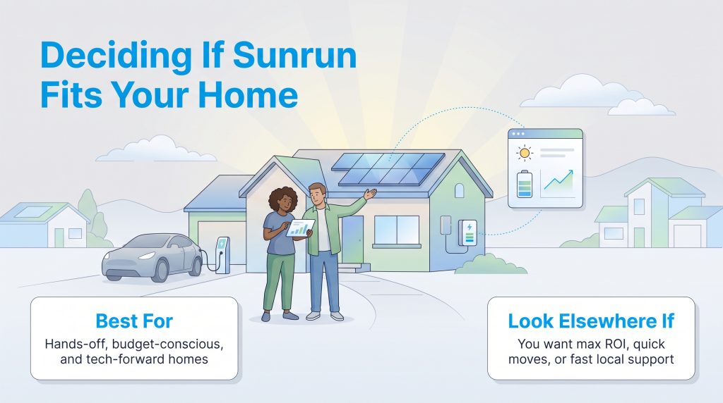 Graphic summarizing who Sunrun solar is best for and when to look elsewhere