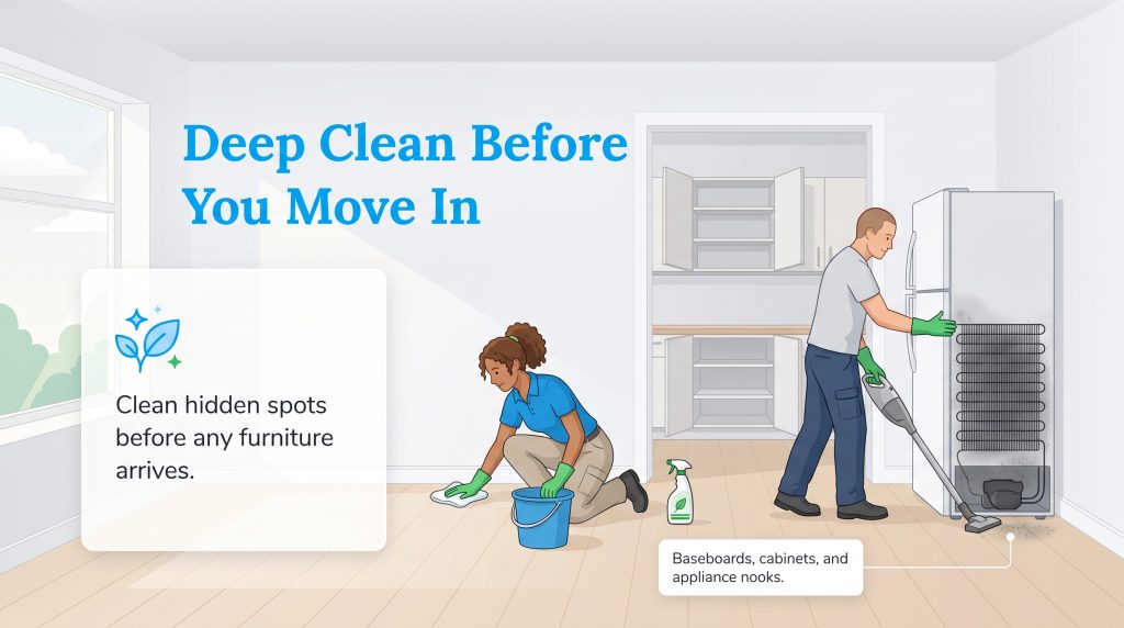 Two people deep cleaning an empty kitchen, wiping floors and vacuuming behind a refrigerator