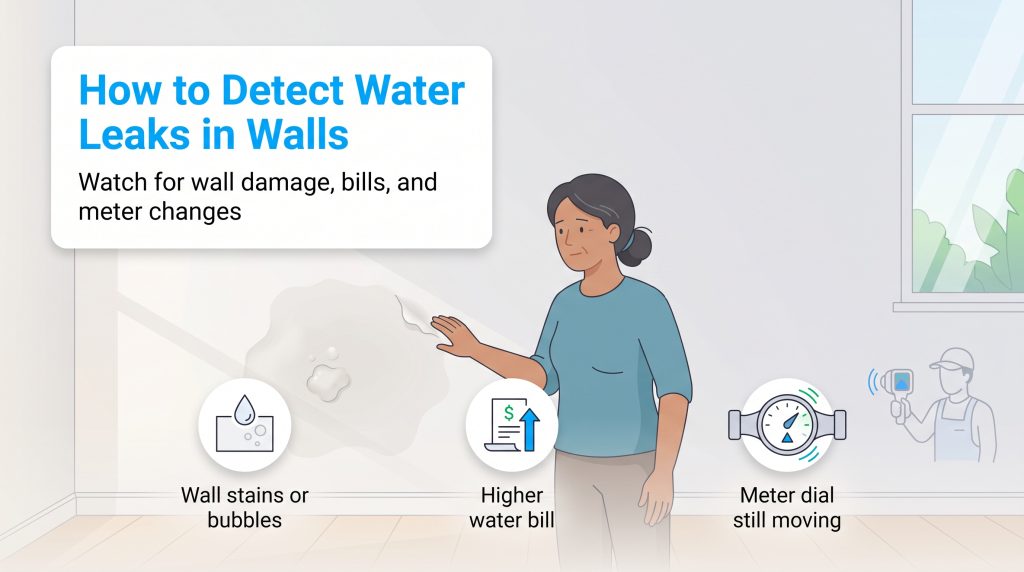 Illustration showing how to detect wall water leaks through damage, high bills, and meter changes