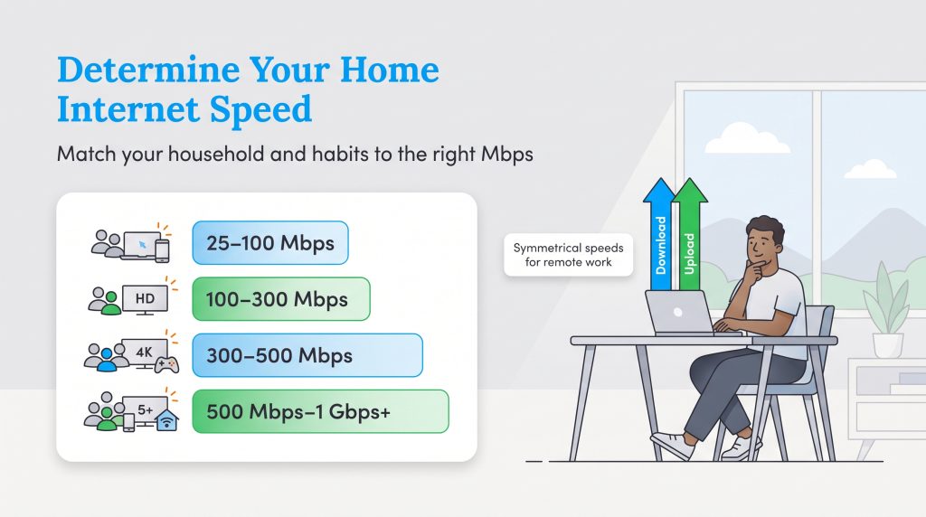 Chart matching household size and daily habits to recommended internet speeds up to 1 Gbps.