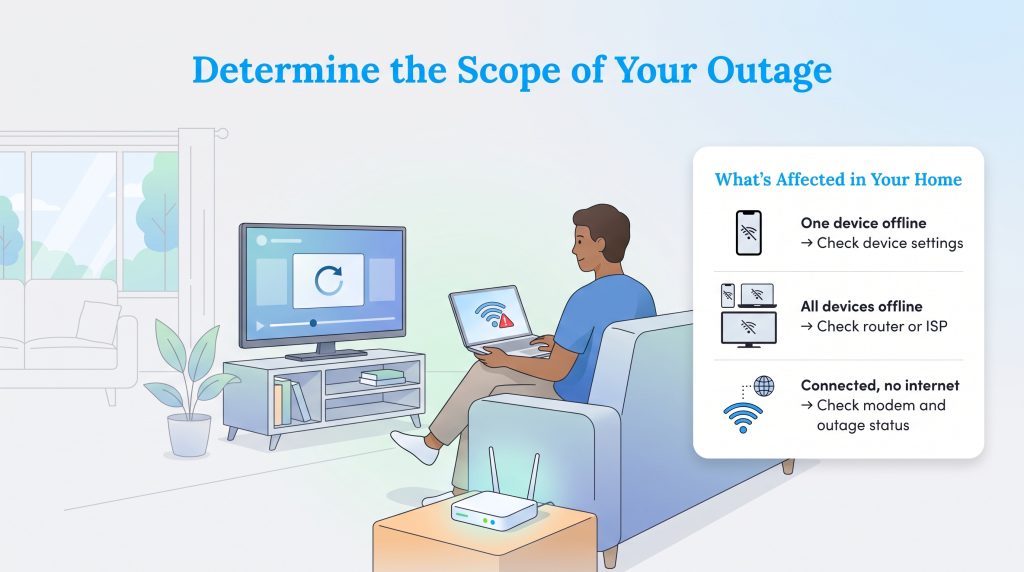 Man troubleshooting home internet outage with a guide on device connectivity status