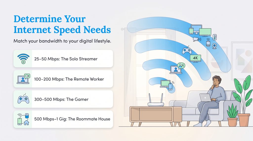 Infographic showing internet speed tiers for Solo Streamers, Remote Workers, Gamers, and Roommates