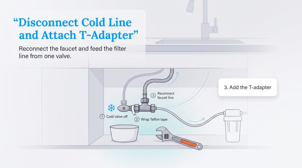 Diagram showing how to connect a T-adapter to a cold water shut-off valve under a kitchen sink