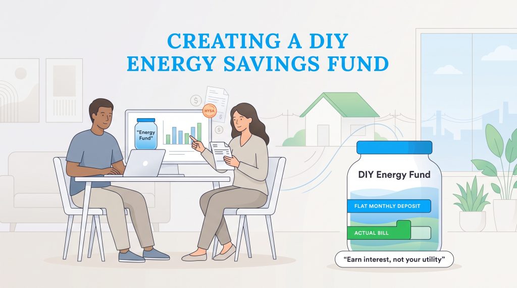 A couple managing bills next to a graphic of a DIY Energy Fund savings jar