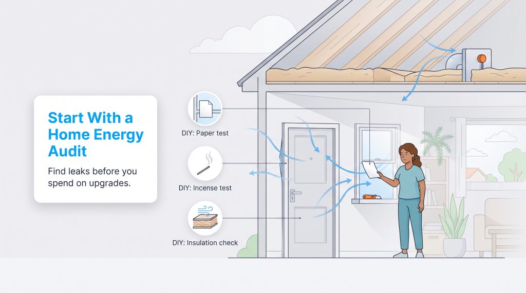Illustration of a woman conducting DIY home energy audit tests to identify air leaks.