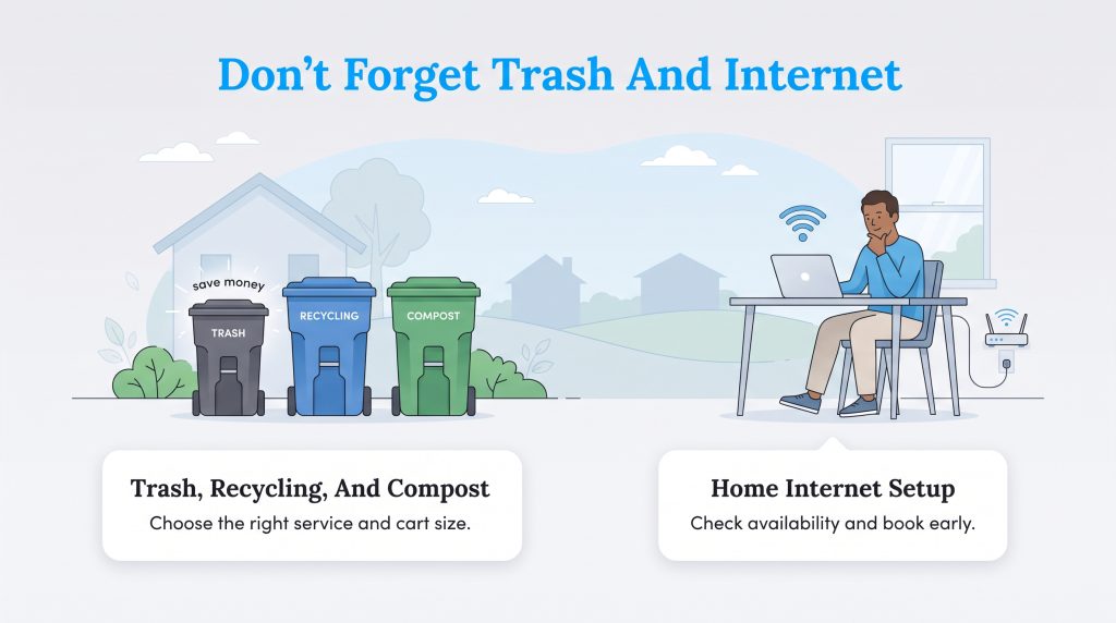 Graphic showing waste bins and a man setting up home internet
