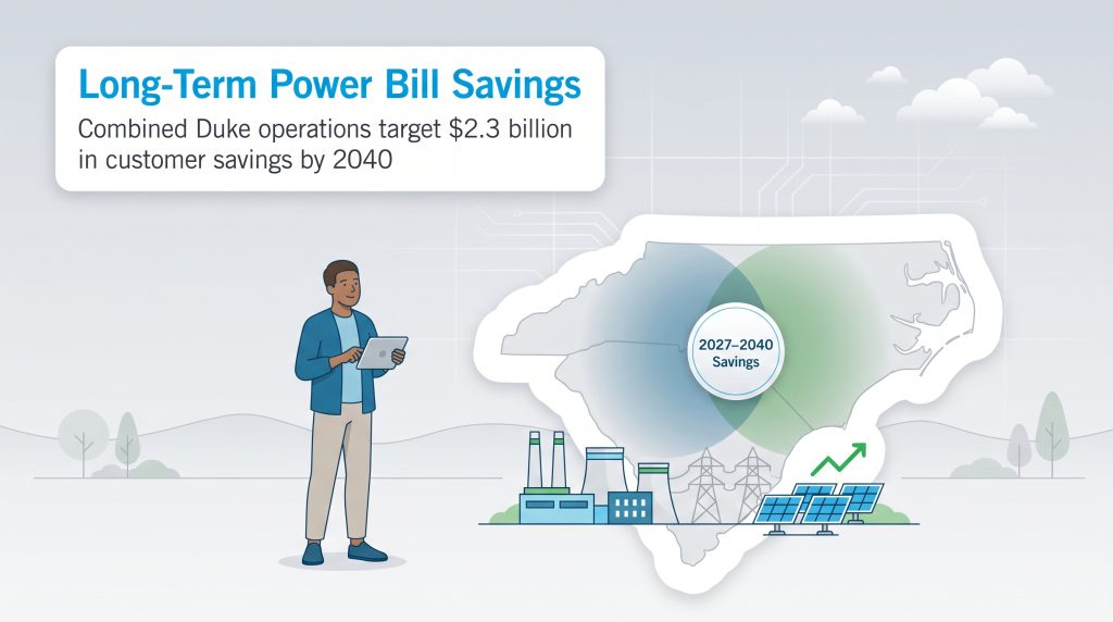 Map of the Carolinas illustrating Duke Energy long-term power bill savings.