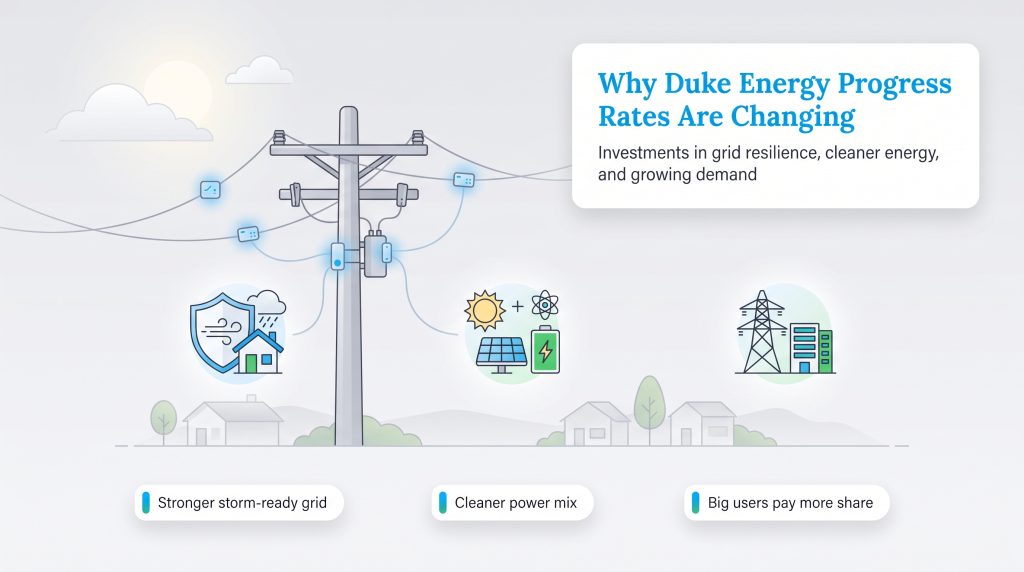Graphic outlining Duke Energy Progress grid investments and rate change drivers.