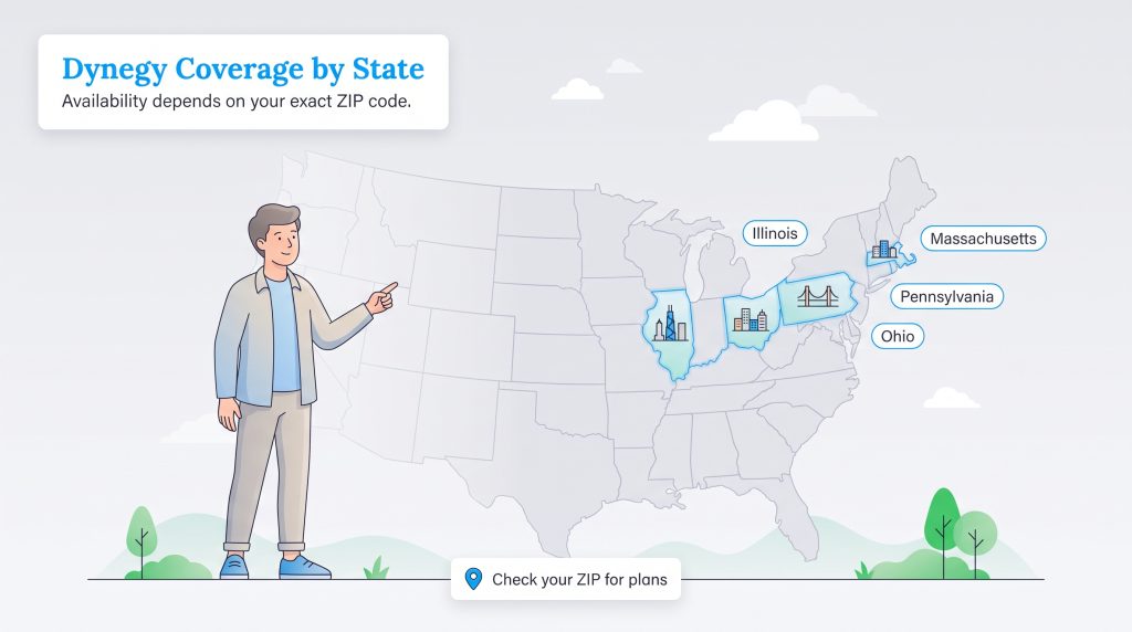 US map highlighting Dynegy service coverage in Illinois, Ohio, Pennsylvania, and Massachusetts.