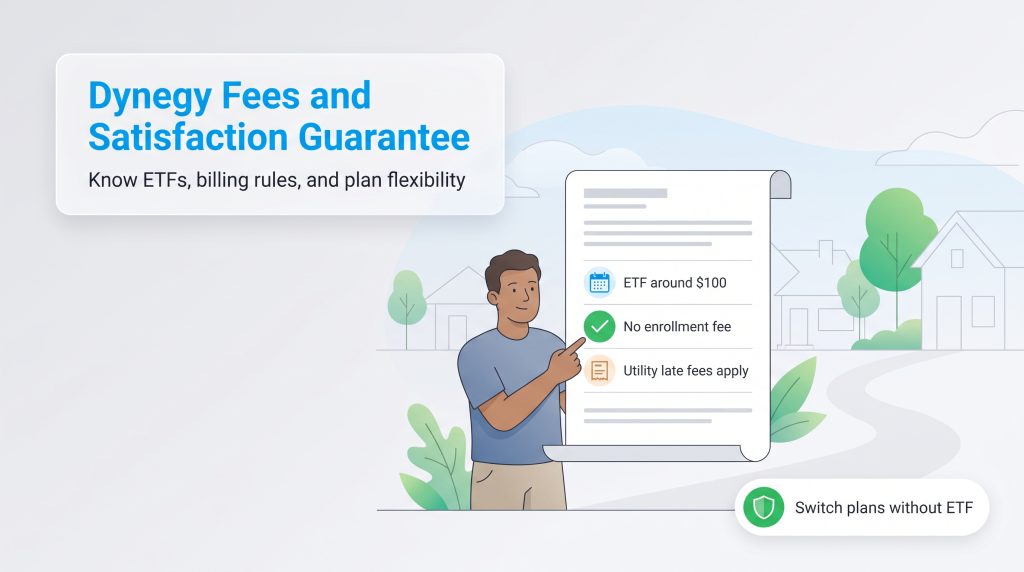 Overview of Dynegy energy fees, satisfaction guarantee, and plan flexibility options.
