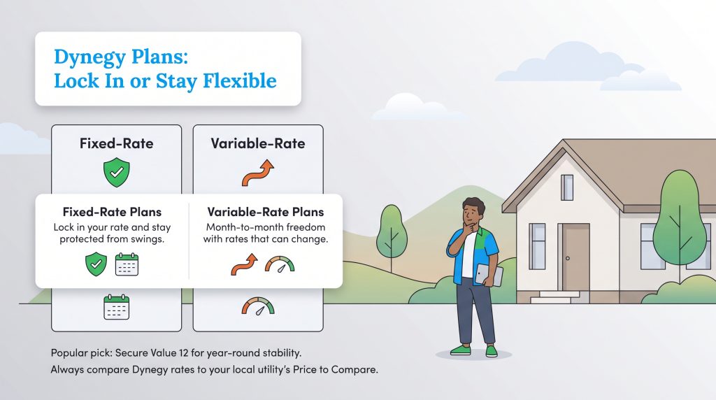 Visual comparison of Dynegy fixed-rate and variable-rate home electricity plans