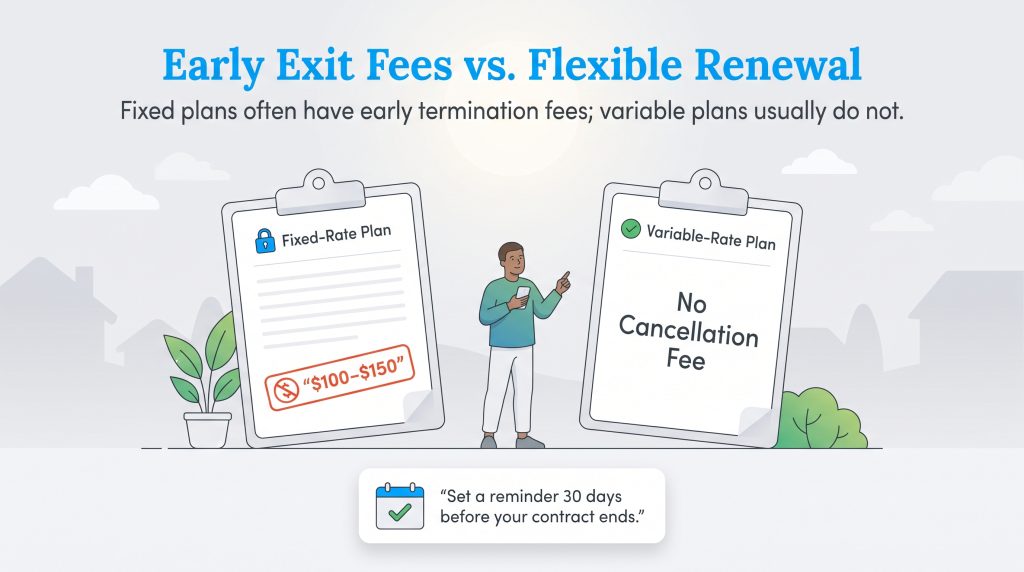 Illustration comparing fixed-rate plan cancellation fees with fee-free variable-rate plans.