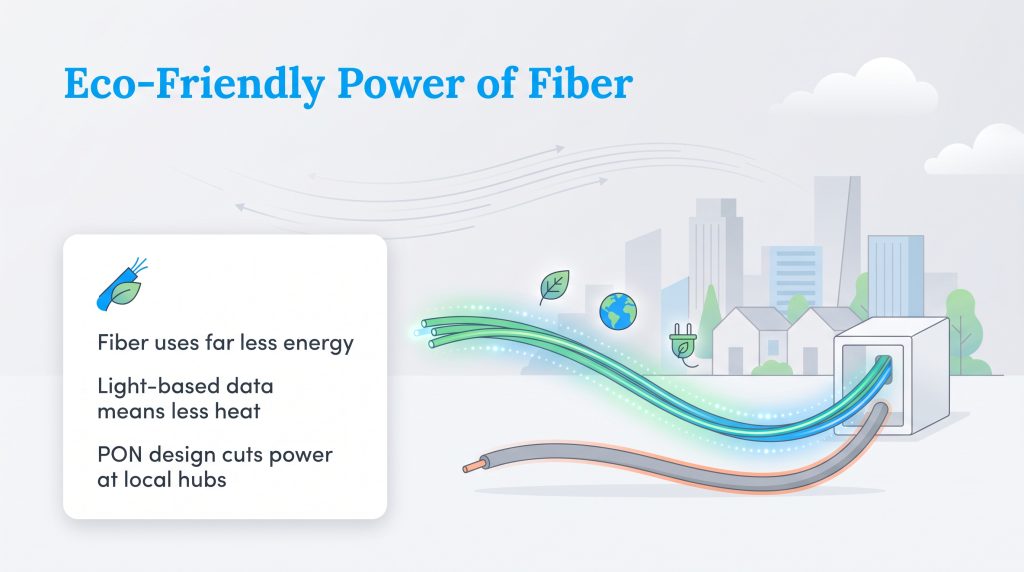 Graphic showing how energy-efficient fiber optic cables compare to traditional copper.