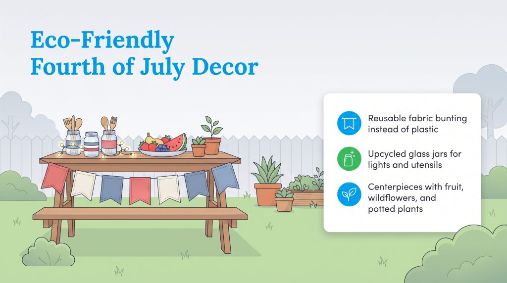 Illustration of eco-friendly Fourth of July party decorations on a wooden picnic table.
