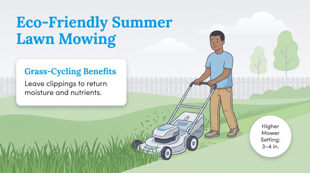 Illustration of a man mowing a lawn with text about eco-friendly grass-cycling benefits