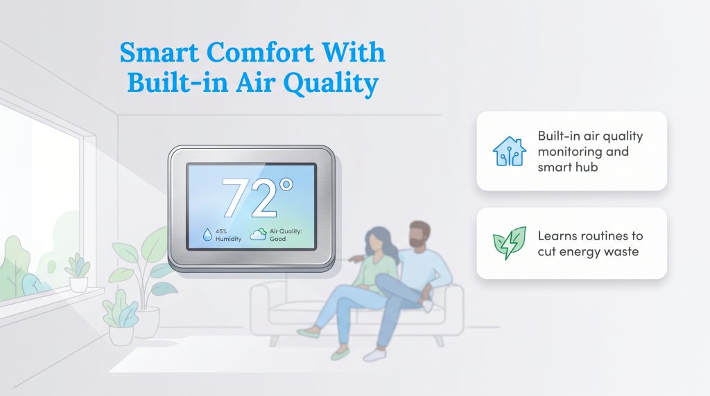 Smart thermostat on a wall showing temperature and air quality with key feature callouts