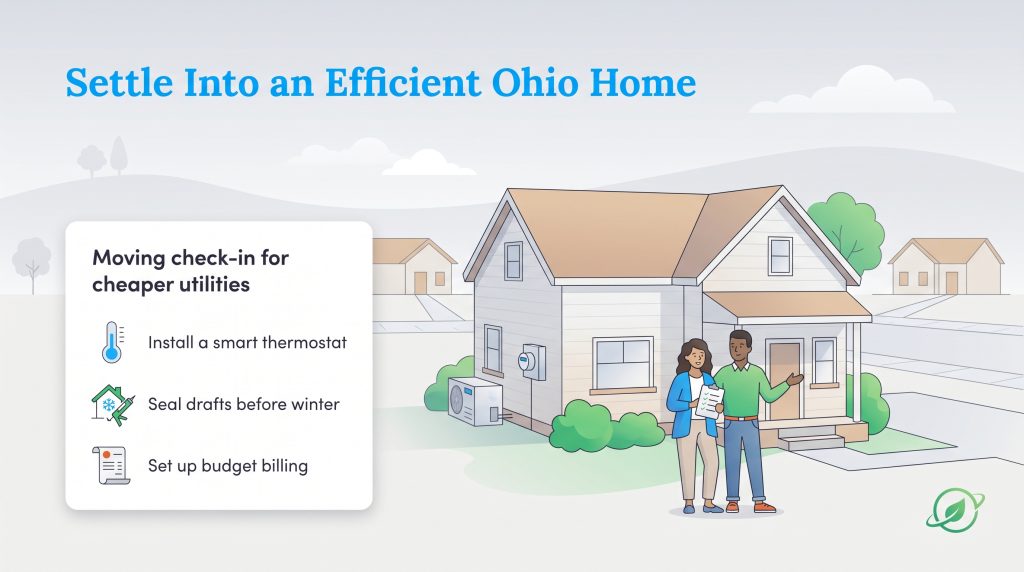 A couple standing outside their home next to a checklist for lower utility bills