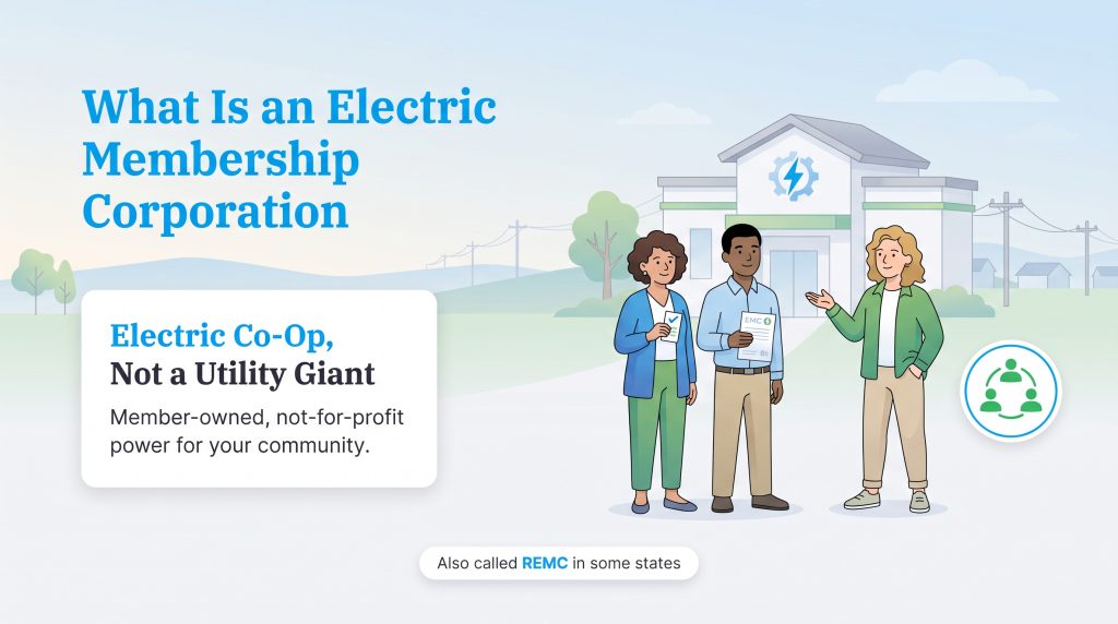 Three people in front of an EMC building representing a community electric cooperative