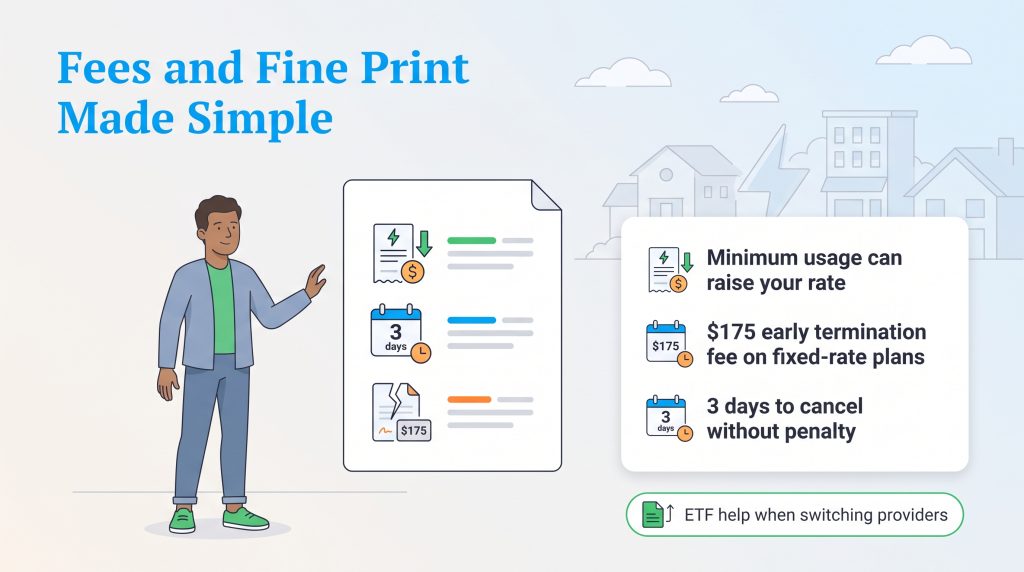 An illustration of electricity contract fees, early termination terms, and minimum usage rules.