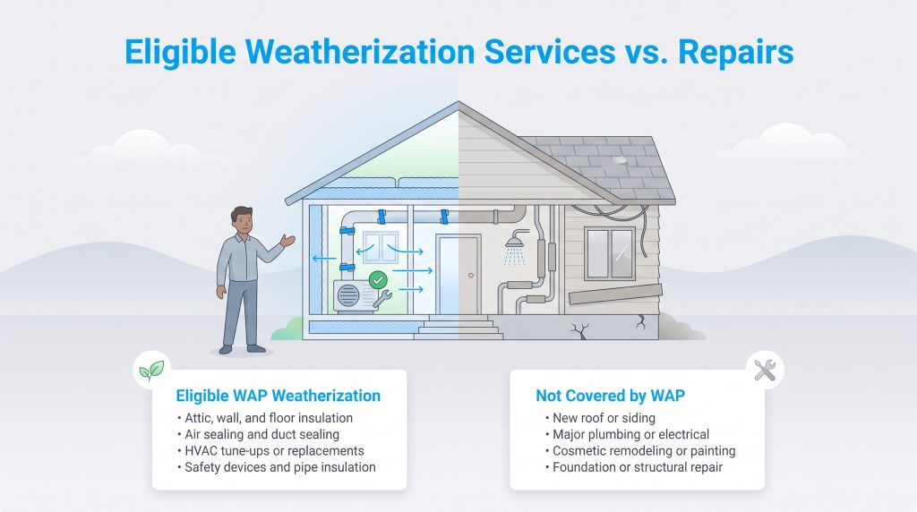 Split-house illustration showing eligible WAP weatherization versus non-eligible repairs.