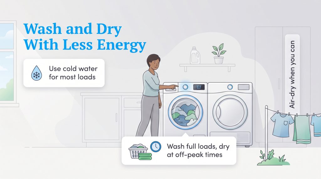 Illustration showing tips for washing and drying laundry with less energy.