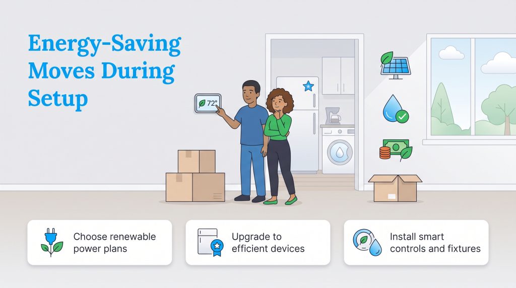 An illustration of a couple adjusting a smart thermostat in their new energy-efficient home
