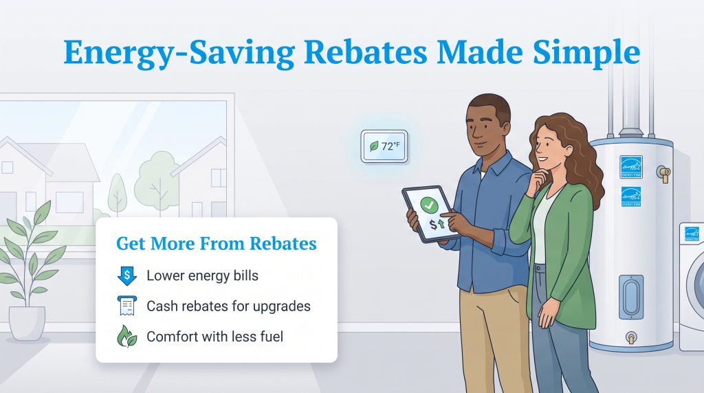 Couple reviewing home energy savings next to Energy Star appliances and a smart thermostat