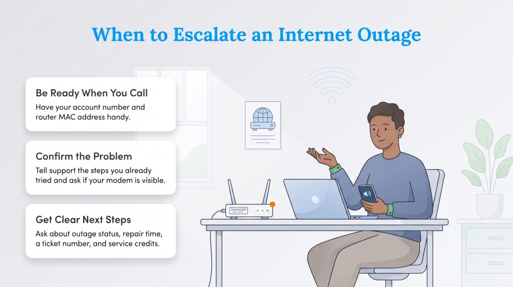 Illustration of a person troubleshooting a router with tips on how to escalate a support call
