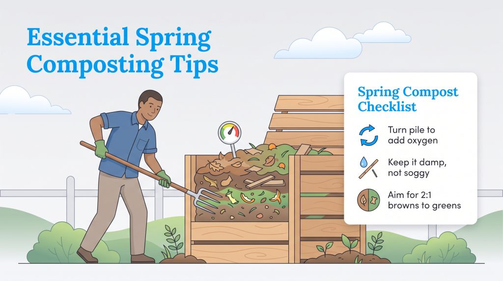 Illustration of a man turning compost in a wooden bin with a spring compost checklist.