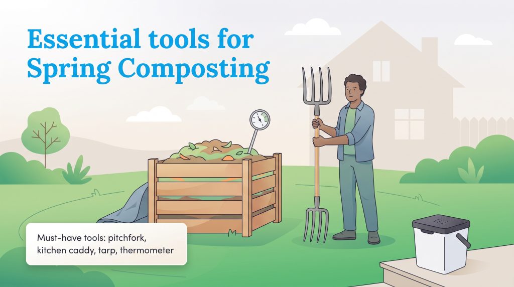 Illustration of a man in a yard with a compost bin, pitchfork, kitchen caddy, and thermometer.