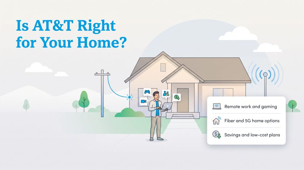 Illustration of a home with fiber and 5G internet connectivity options