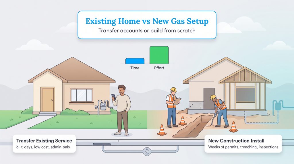 Comparison of transferring existing gas service versus installing a new construction gas line.