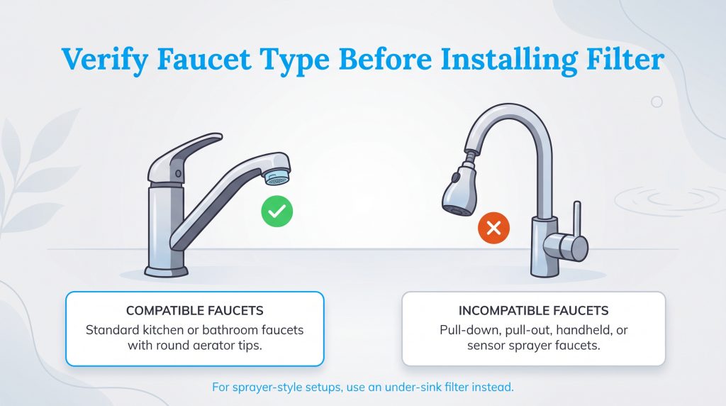 Comparison showing standard faucets are compatible with filters, while pull-down faucets are not.