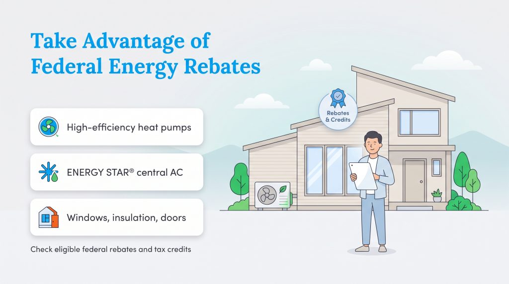 Illustration of a modern home with federal rebate options for energy-efficient upgrades.