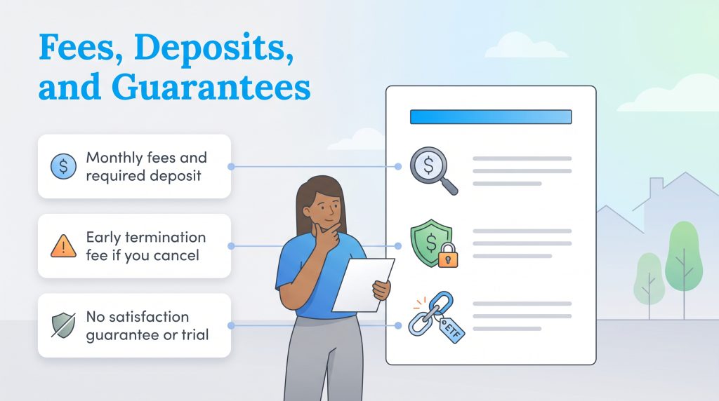 Infographic outlining monthly utility fees, deposits, and contract termination policies