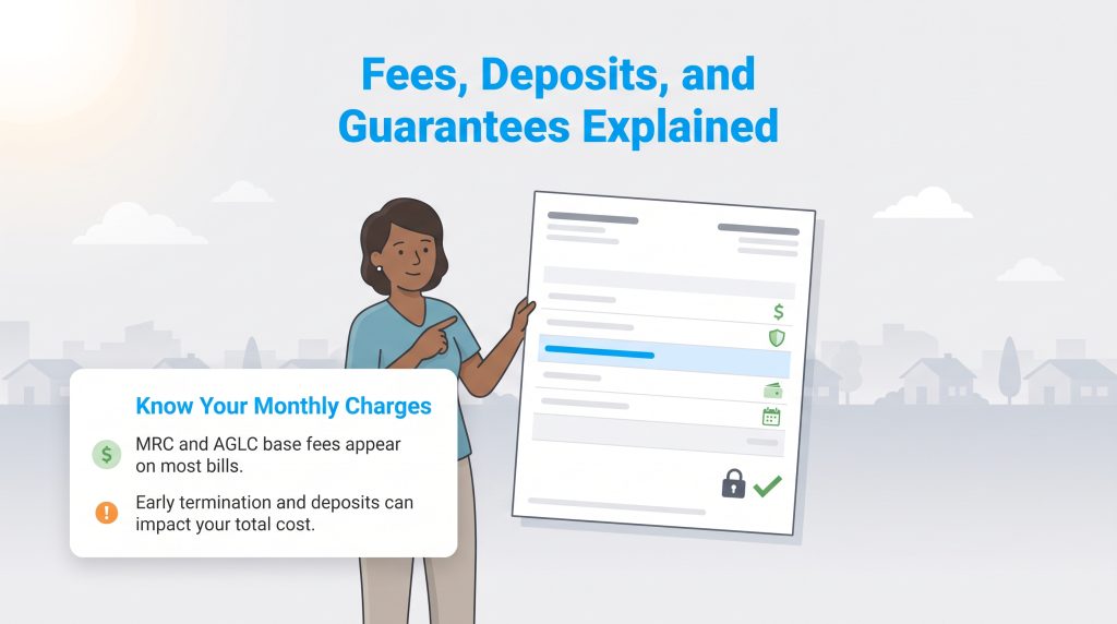 A woman pointing to a document showing various monthly fees, deposits, and charges.