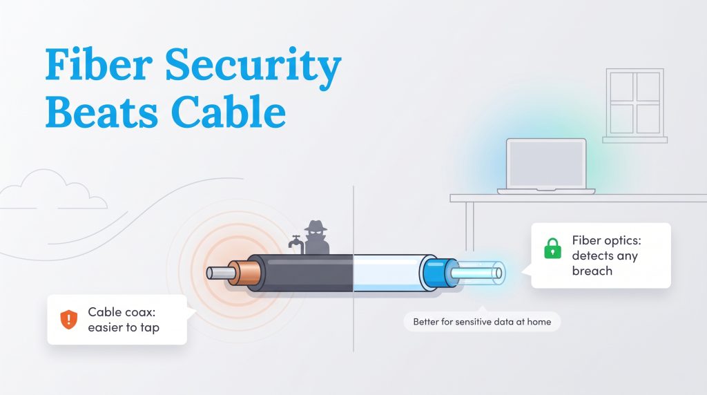Graphic comparing easily tapped coaxial cable with secure fiber optic cable