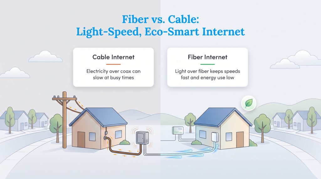 Infographic comparing cable internet using coax with fiber internet using energy-efficient light