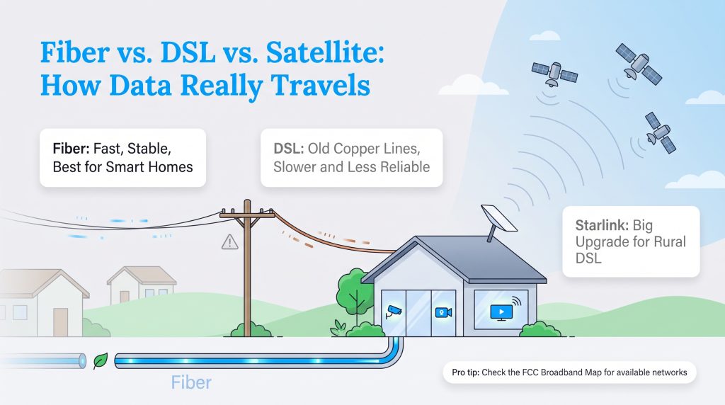 Diagram showing fiber, DSL, and satellite connections delivering internet to a home.