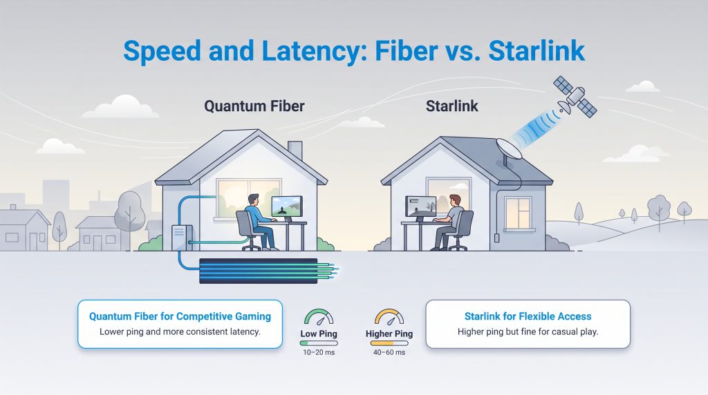 Infographic comparing Quantum Fiber's low ping to Starlink's higher satellite ping for gaming.
