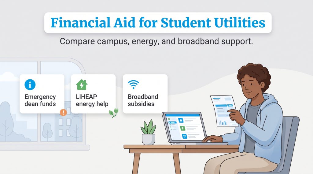 A student reviews utility aid options like emergency dean funds, LIHEAP, and broadband subsidies
