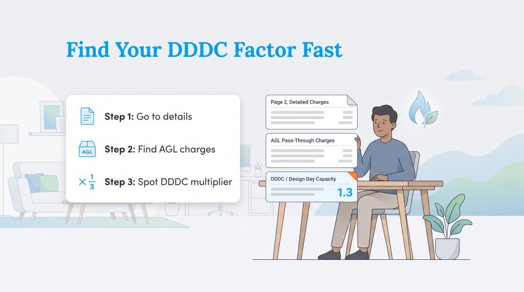 Three-step guide showing how to locate your DDDC factor on a natural gas bill.