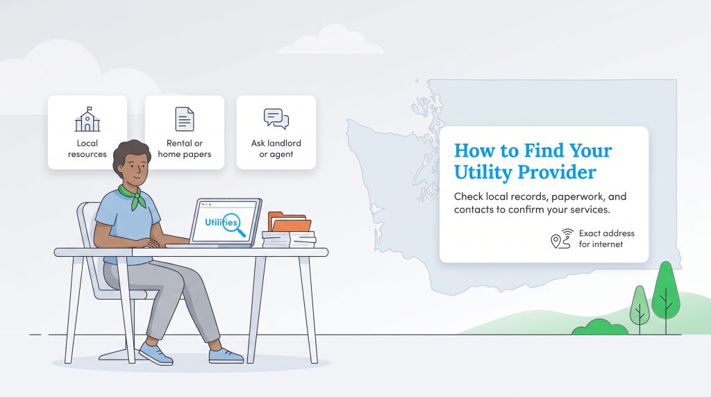 Illustration of a person using a laptop to find utility providers in Washington State.