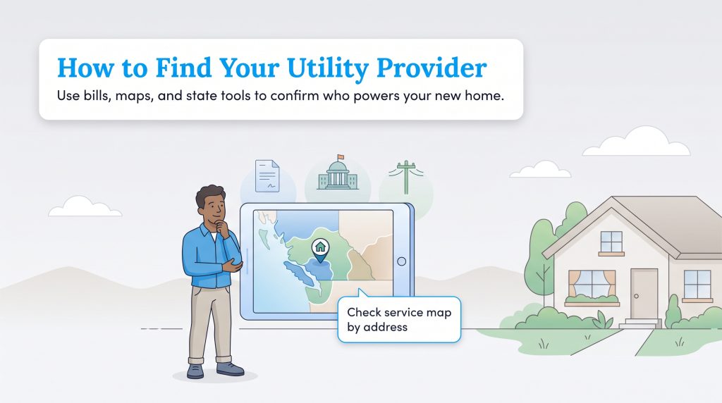 An illustration of a man checking a digital map on a tablet to find his utility provider